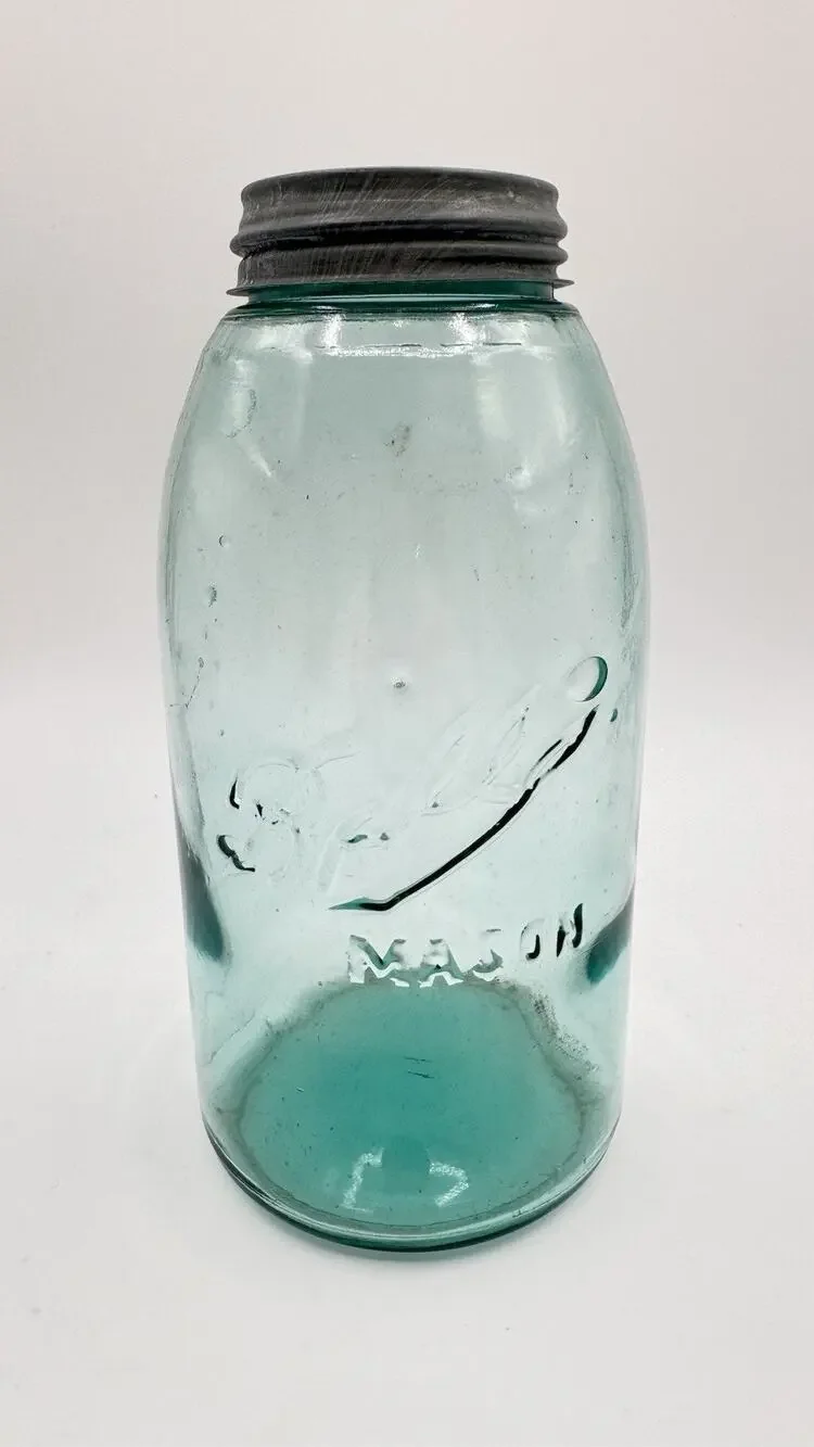 Vintage Ball Mason Jar Aqua Blue Glass Zinc Lid Early 1900s Lots of Bubbles RARE
